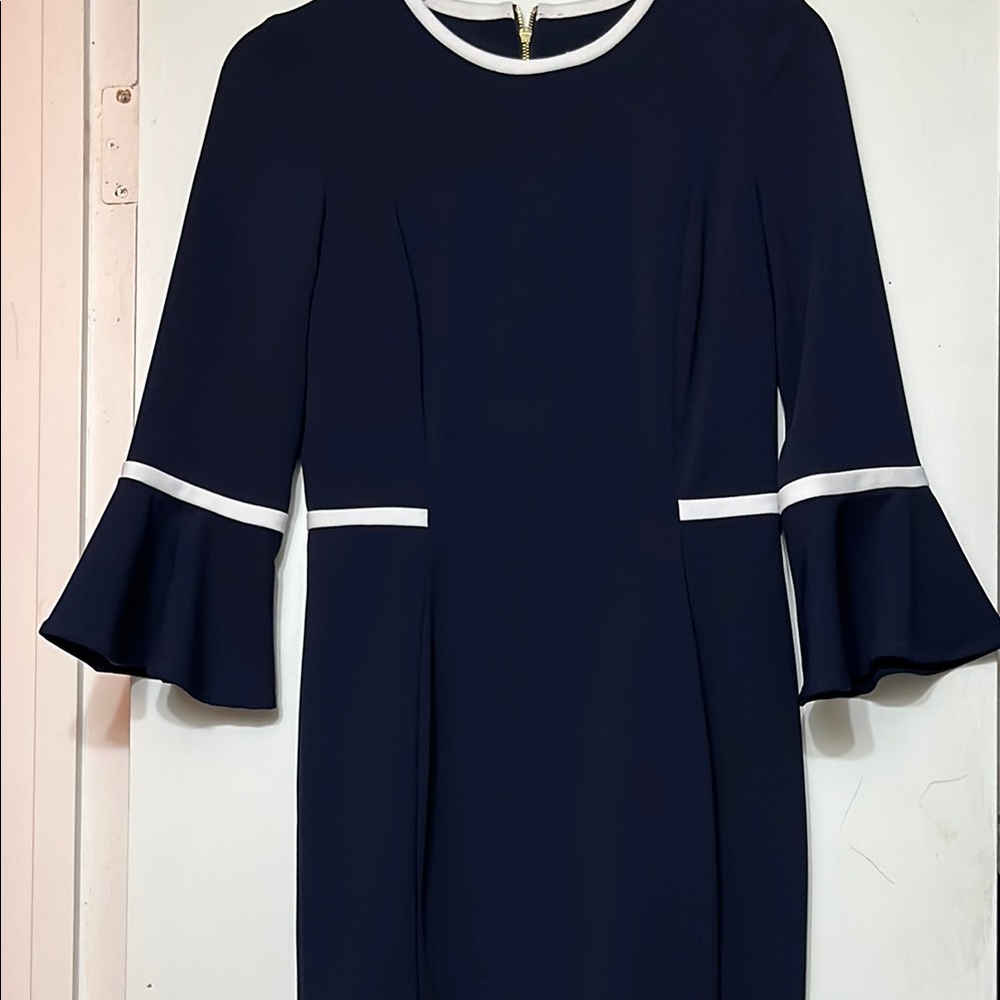 Calvin Klein Navy and White Long Sleeve Sheath Dress